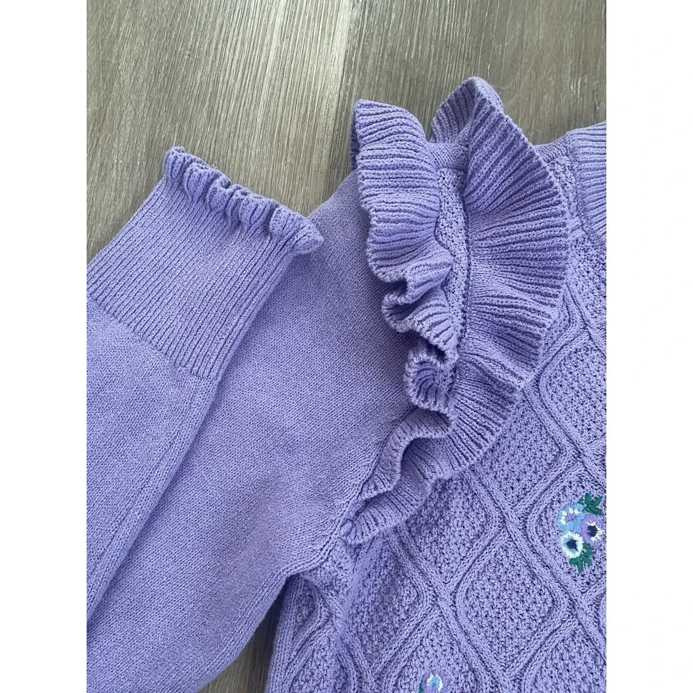 Lavender Fields Ruffle Floral Sweater Sz M Shirt Cottage Cozy Girly Soft Grandma - Picture 7 of 10